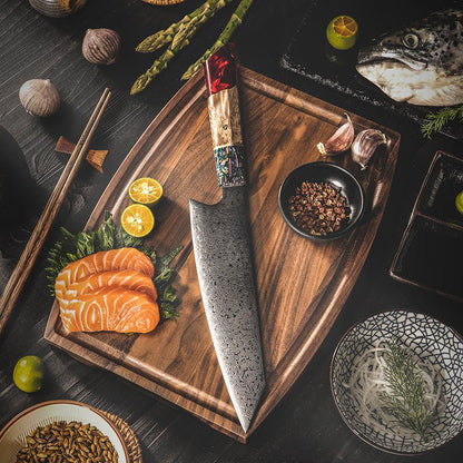 Pristine Japanese Chef Knife Set with VG-10 Damascus Steel Exotic Stabilized Olive Wood Handle & Sheath