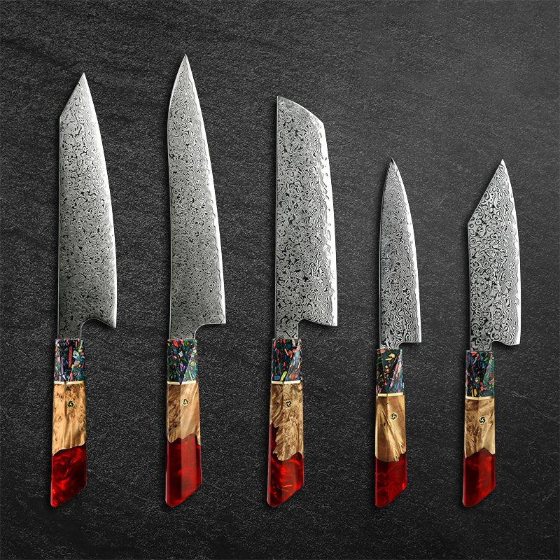 Pristine Japanese Chef Knife Set with VG-10 Damascus Steel Exotic Stabilized Olive Wood Handle & Sheath
