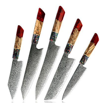 Pristine Japanese Chef Knife Set with VG-10 Damascus Steel Exotic Stabilized Olive Wood Handle & Sheath
