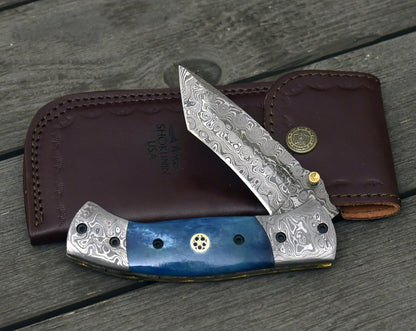 Prudence Tanto Blade Handmade Damascus Folding Pocket Knife with Bone Handle