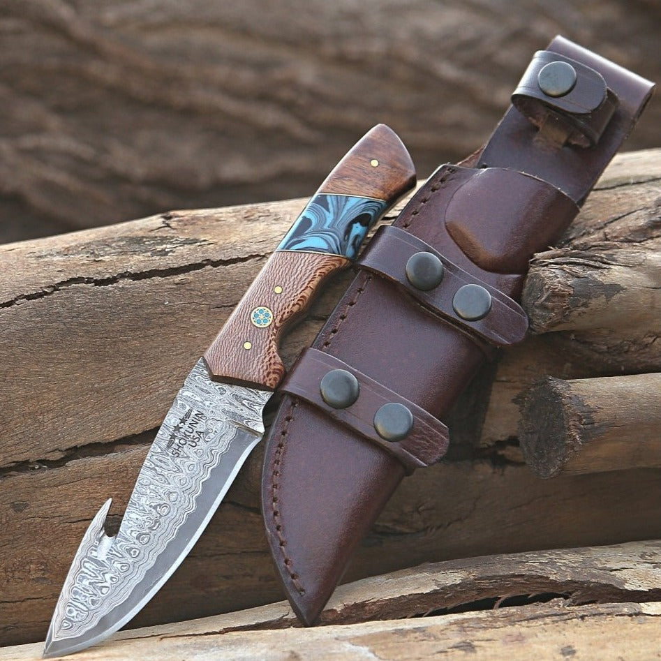 Python Damascus Gut Hook Knife with Exotic Leopard Wood & Turquoise Handle