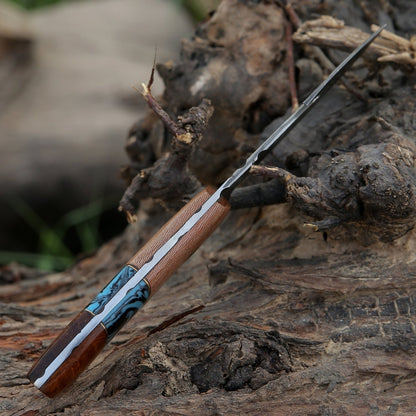 Python Damascus Gut Hook Knife with Exotic Leopard Wood & Turquoise Handle