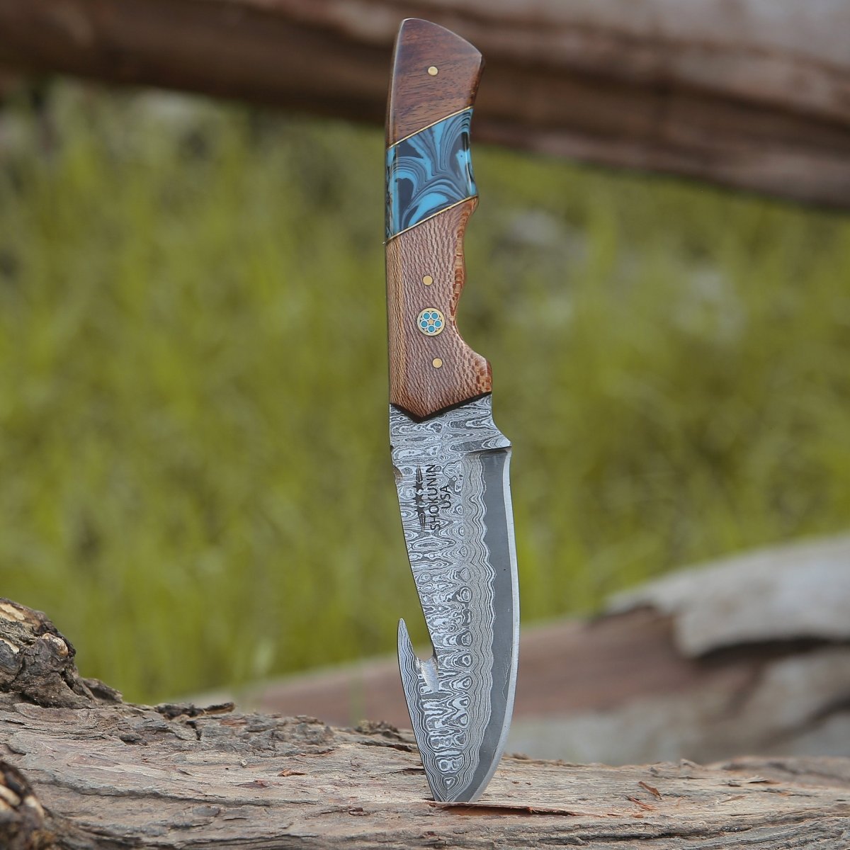 Python Damascus Gut Hook Knife with Exotic Leopard Wood & Turquoise Handle