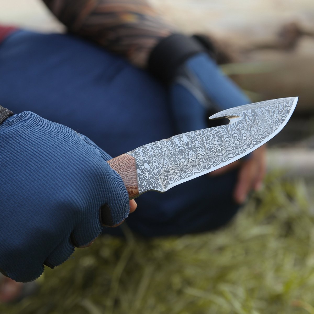 Python Damascus Gut Hook Knife with Exotic Leopard Wood & Turquoise Handle