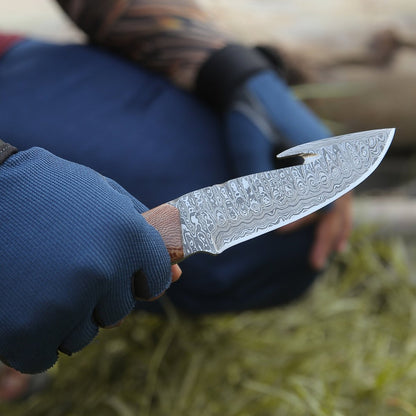 Python Damascus Gut Hook Knife with Exotic Leopard Wood & Turquoise Handle