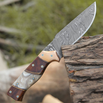 Reaper Damascus Hunting Knife with Mother of Pearl, Exotic Rose Wood and Copper Handle