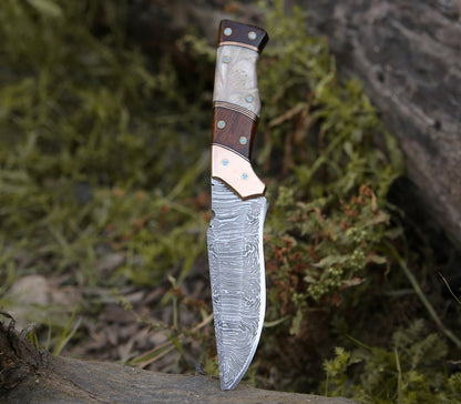 Reaper Damascus Hunting Knife with Mother of Pearl, Exotic Rose Wood and Copper Handle