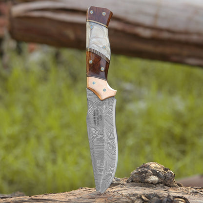 Reaper Damascus Hunting Knife with Mother of Pearl, Exotic Rose Wood and Copper Handle
