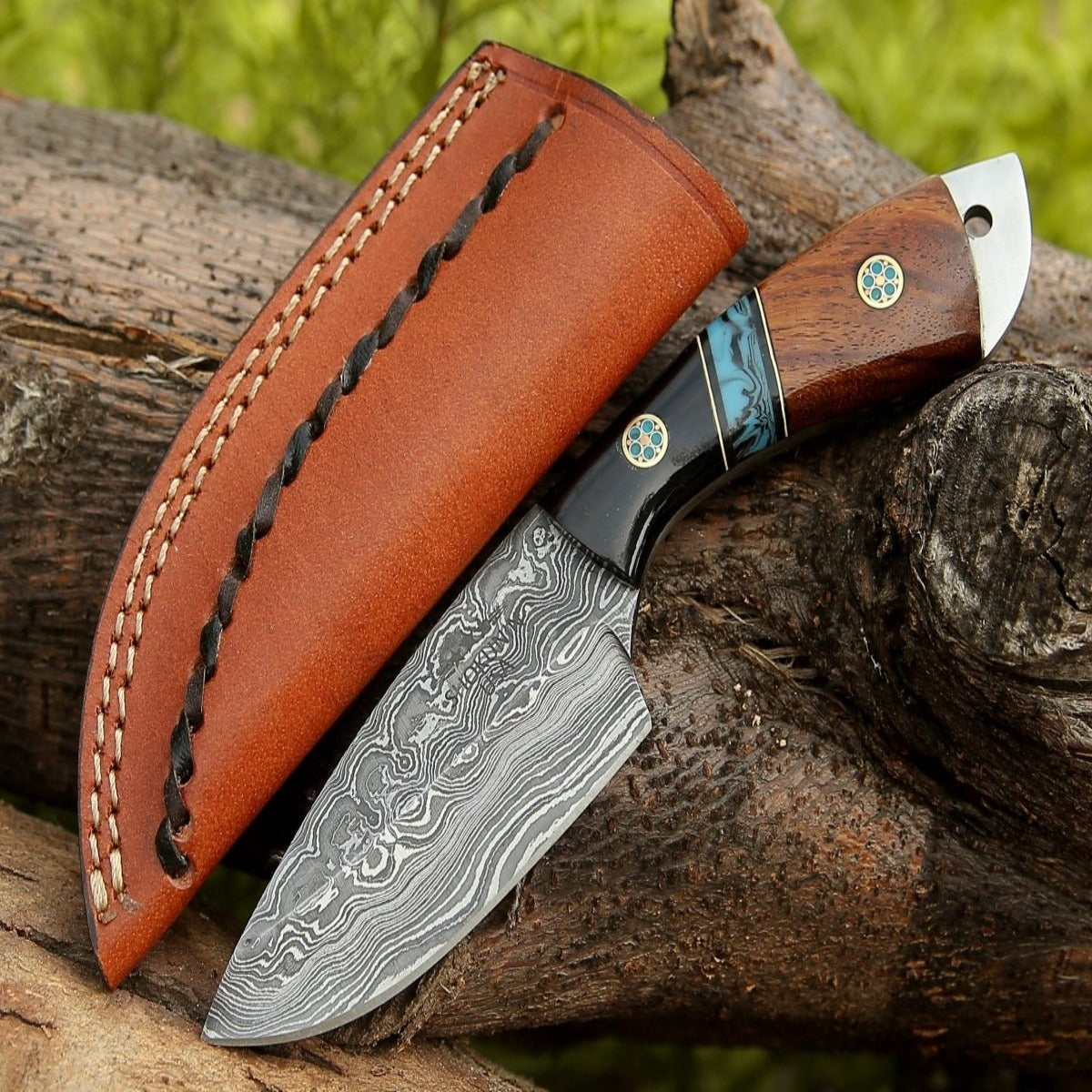 Rift Damascus Skinning Knife with Exotic Rosewood & Resin Handle