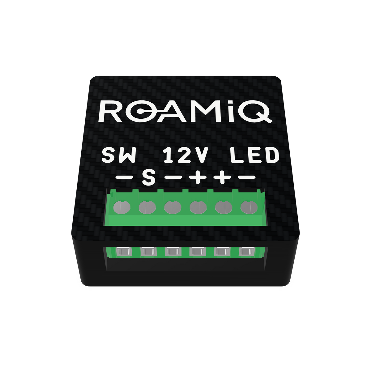 ROAMiQ 12A DC Dimmer chip, front view, with labeled green screw terminals