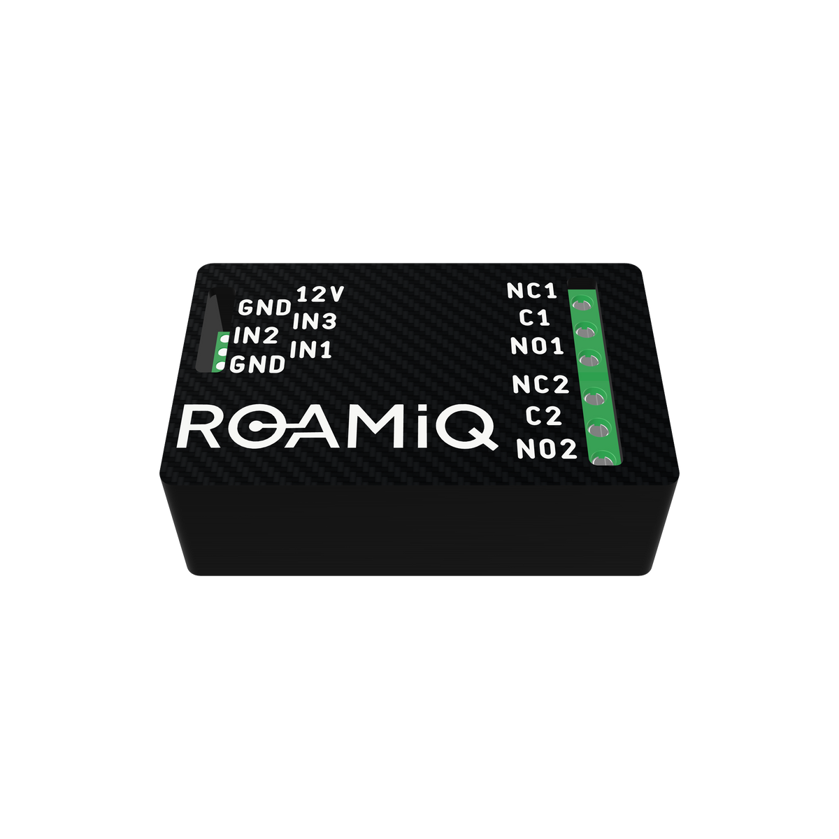 ROAMiQ Dual Channel Relay in its black carbon-pattern case