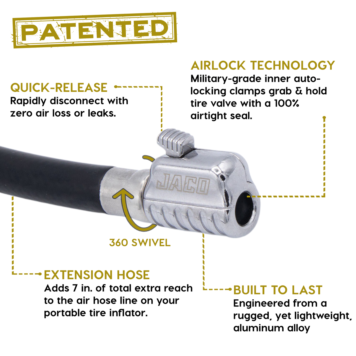 Lightning S2X Tire Inflator Hose Extension Self-Locking Nozzle | Patented Air Hose Adapter for Tire Pumps (Open Flow)