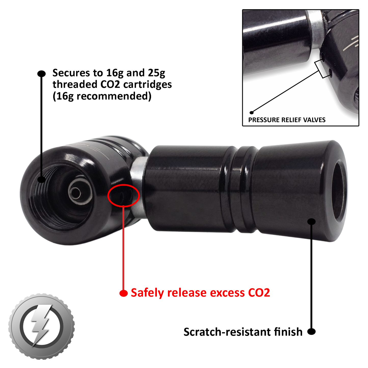 Lightning™ CO2 Inflator for Bike Tires (Presta + Schrader) (CO2 Cartridge Not Included)