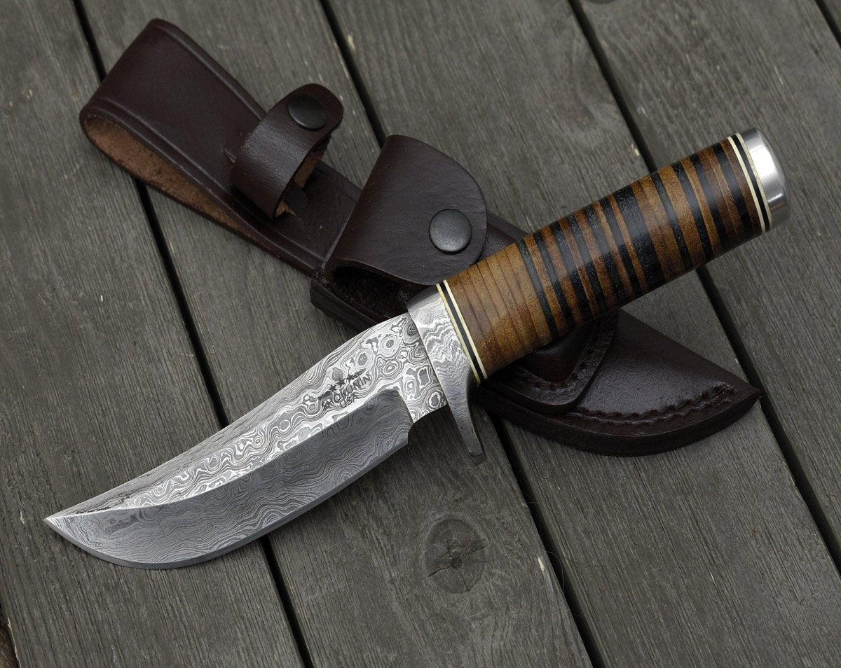 Serenity Damascus Hunting Knife with Stacked Leather Handle