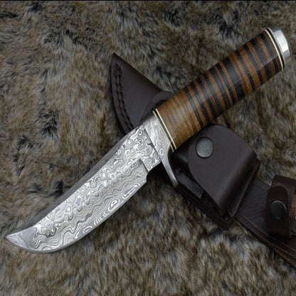 Serenity Damascus Hunting Knife with Stacked Leather Handle