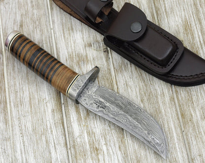 Serenity Damascus Hunting Knife with Stacked Leather Handle