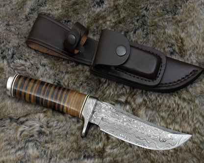 Serenity Damascus Hunting Knife with Stacked Leather Handle