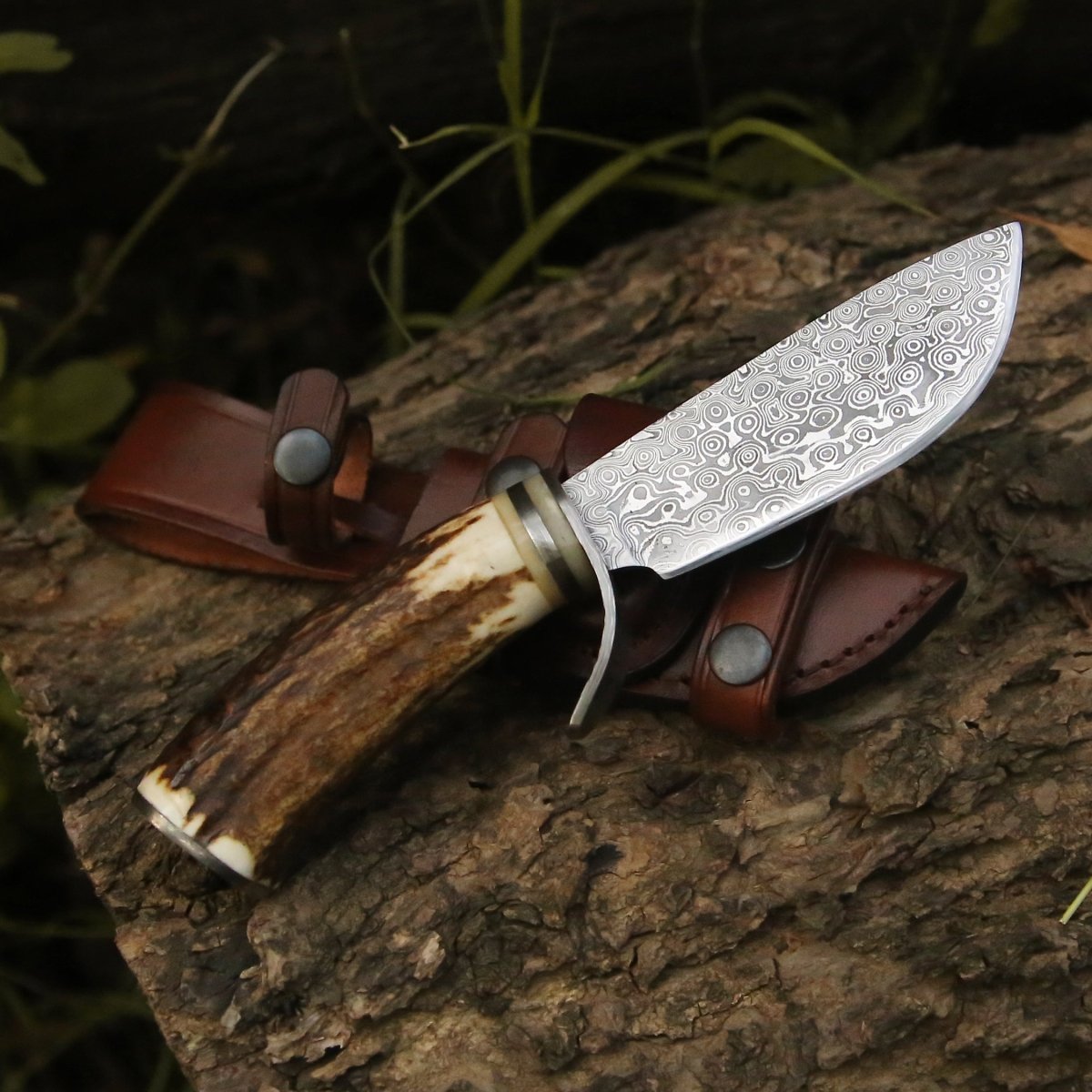 Serpent Damascus Hunting Knife with Antler Handle