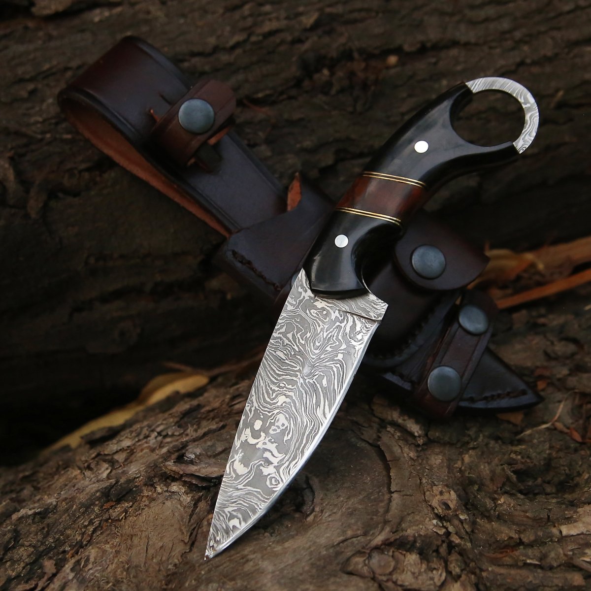 Shadow Damascus Knife with Horn & Exotic Rose Wood Handle