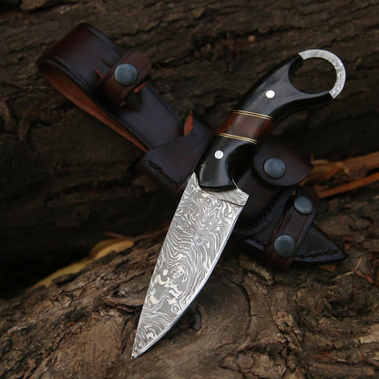 Shadow Damascus Knife with Horn & Exotic Rose Wood Handle