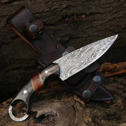Shadow Damascus Knife with Horn & Exotic Rose Wood Handle