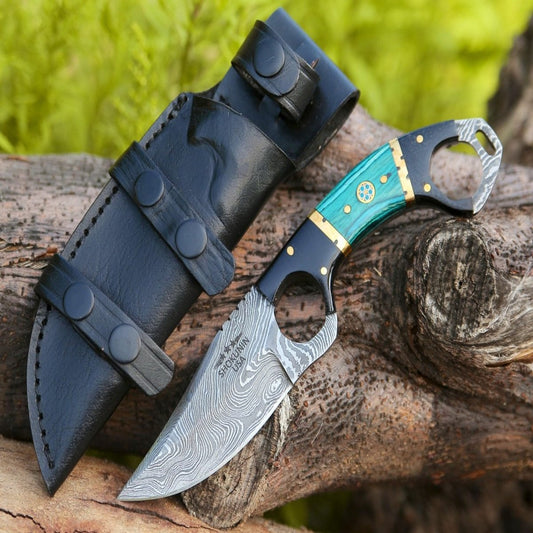 Spark Damascus EDC Knife with Micarta & Pakkawood Handle