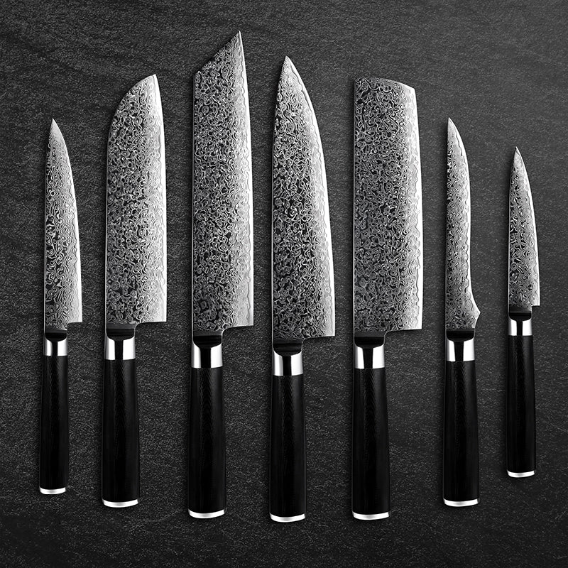 Noir Knife Set 7 Piece VG10 Stainless Damascus Steel with Black G10 Handle
