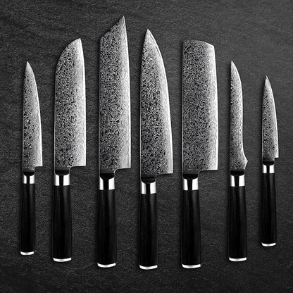 Noir Knife Set 7 Piece VG10 Stainless Damascus Steel with Black G10 Handle