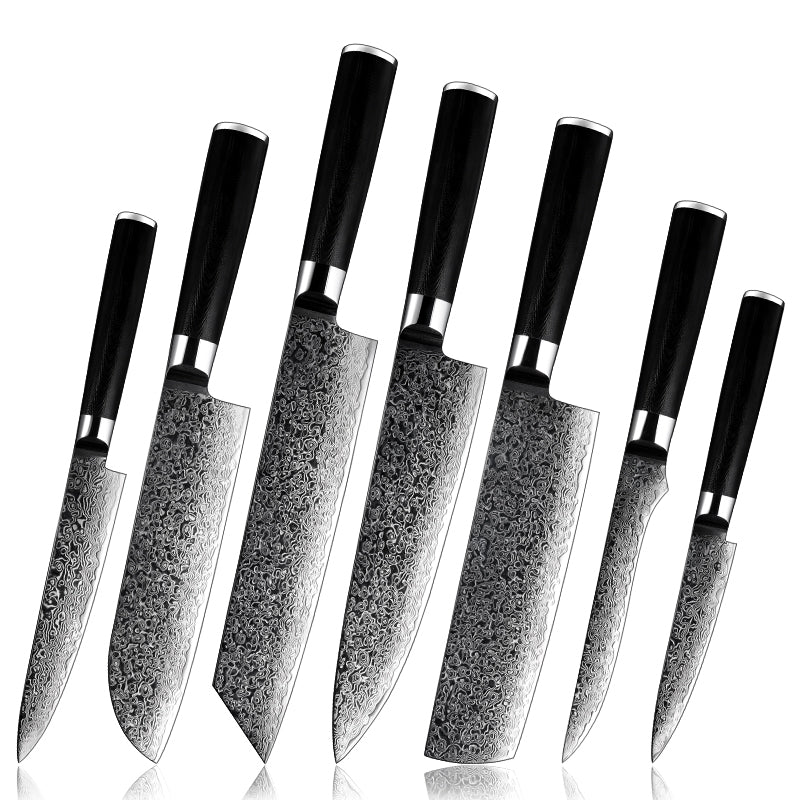 Noir Knife Set 7 Piece VG10 Stainless Damascus Steel with Black G10 Handle