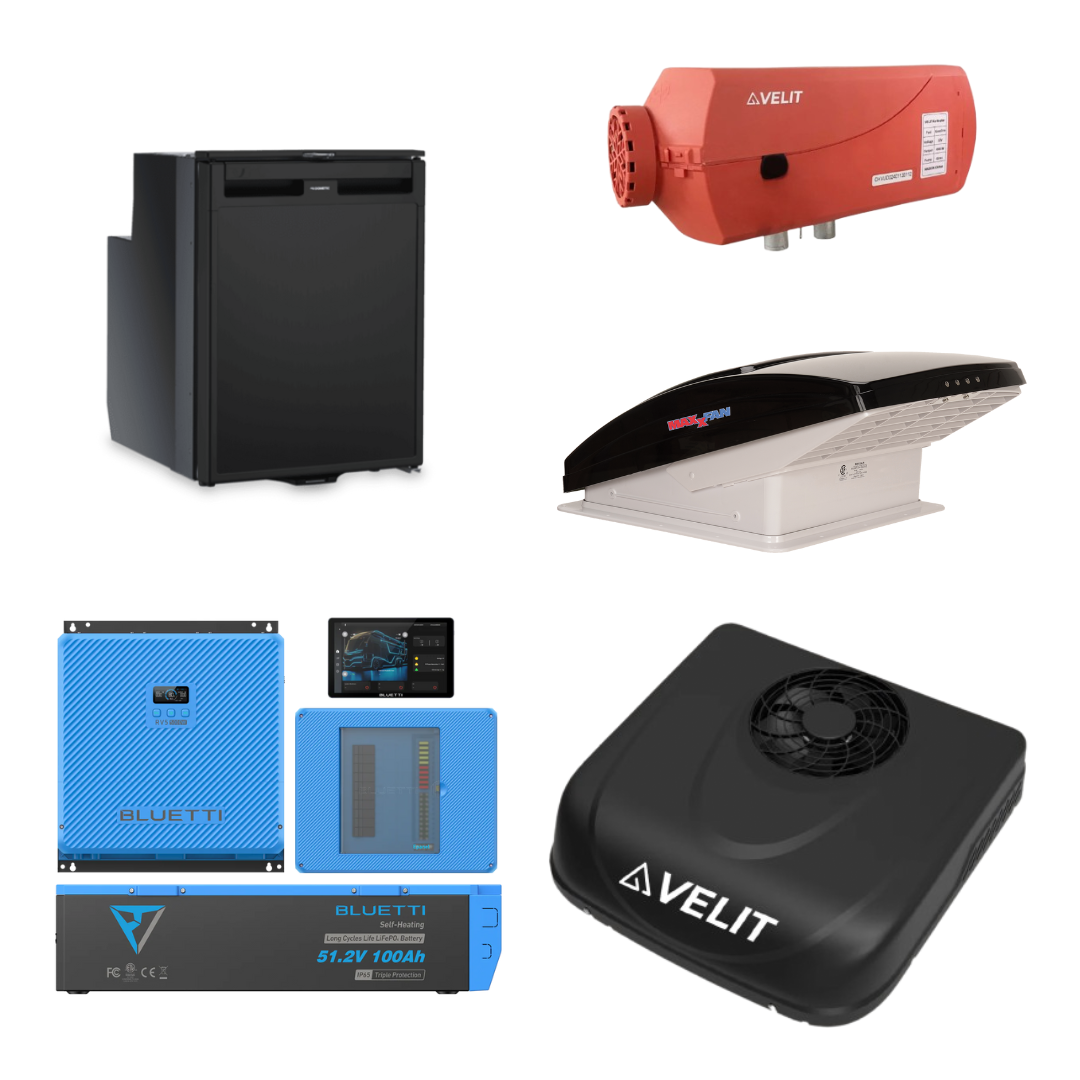 BLUETTI 5kWh RVSolar 48V Power System + VELIT 2000R 48V A/C + VELIT Air Heater + Dometic CRX 80U + Vent Fan