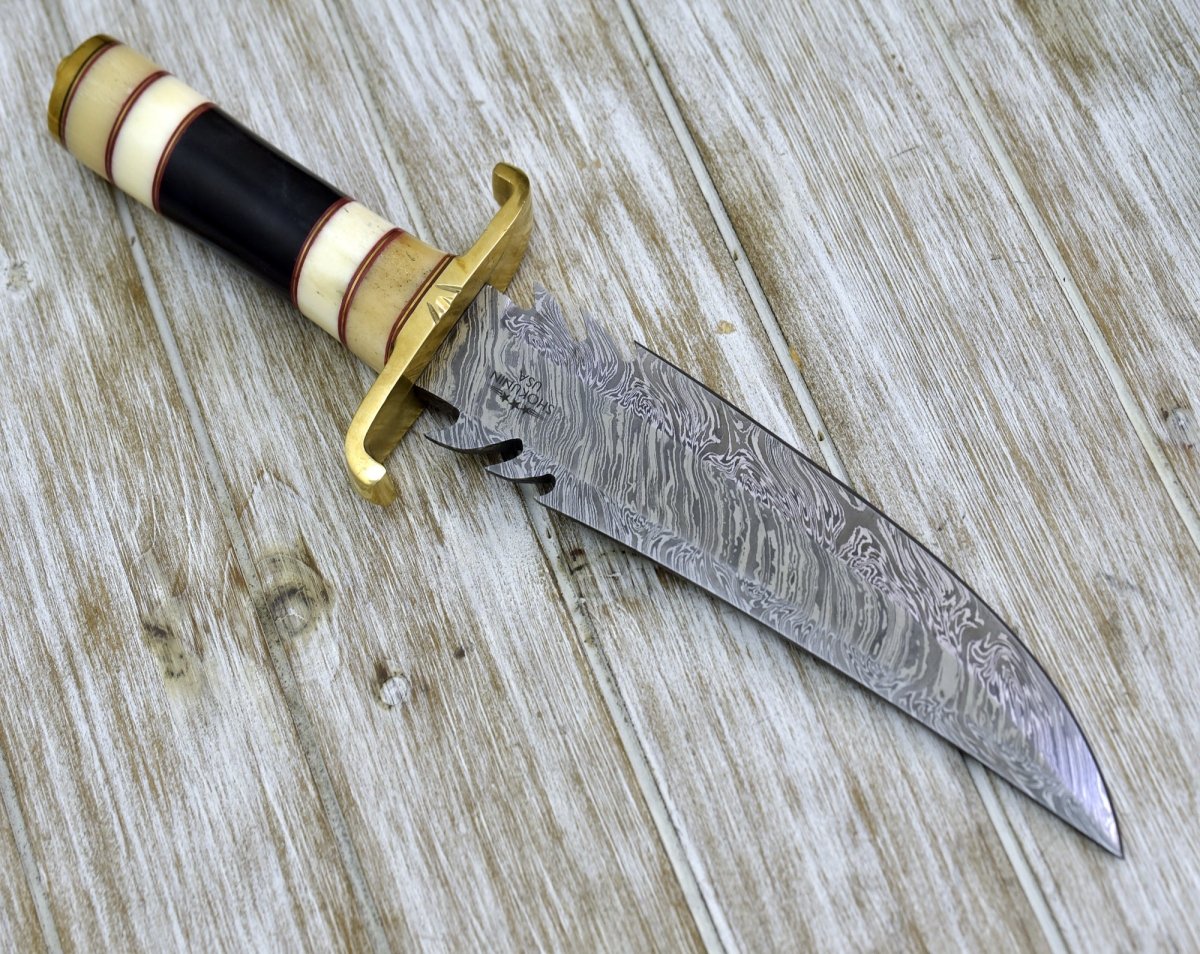 Damascus Bowie Knife with Bone & Horn Handle
