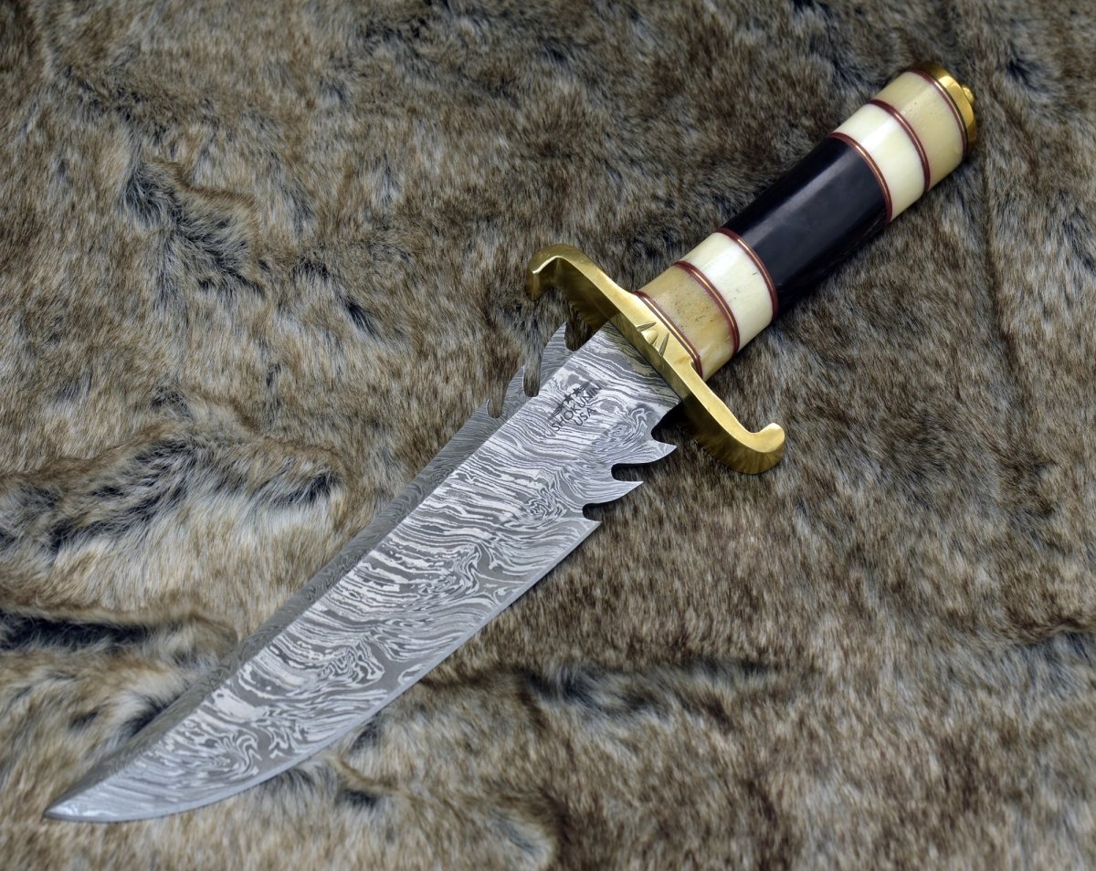 Damascus Bowie Knife with Bone & Horn Handle