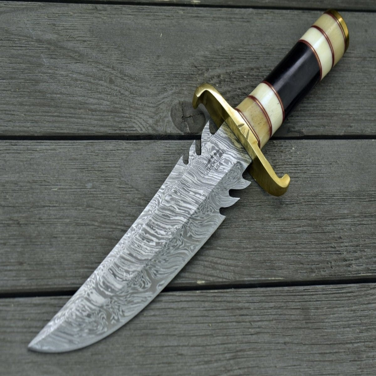 Damascus Bowie Knife with Bone & Horn Handle