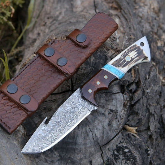 Thunder Damascus Gut Hook Knife with Stag Horn, Wenge Wood & Turquoise Handle