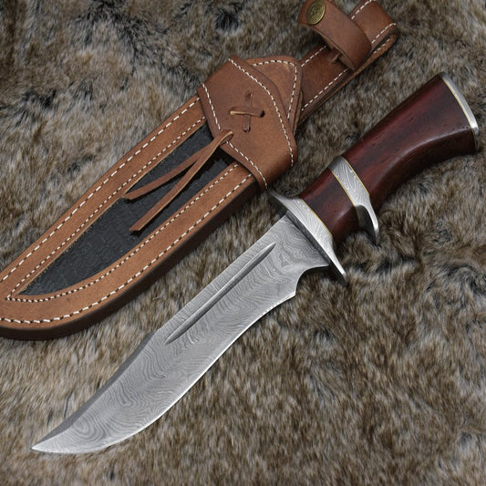 Tide Damascus Bowie Knife with Exotic Red Heart Wood Handle & Sheath