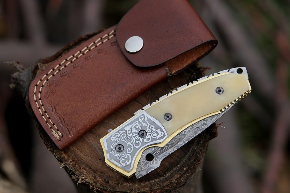 Trailblazer Damascus Pocket Knife with Bone Handle