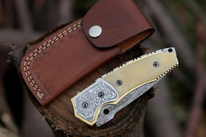 Trailblazer Damascus Pocket Knife with Bone Handle