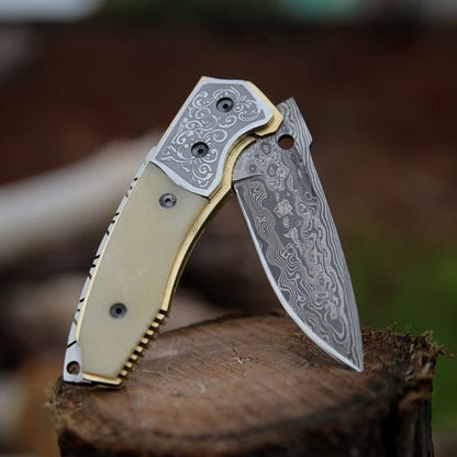 Trailblazer Damascus Pocket Knife with Bone Handle