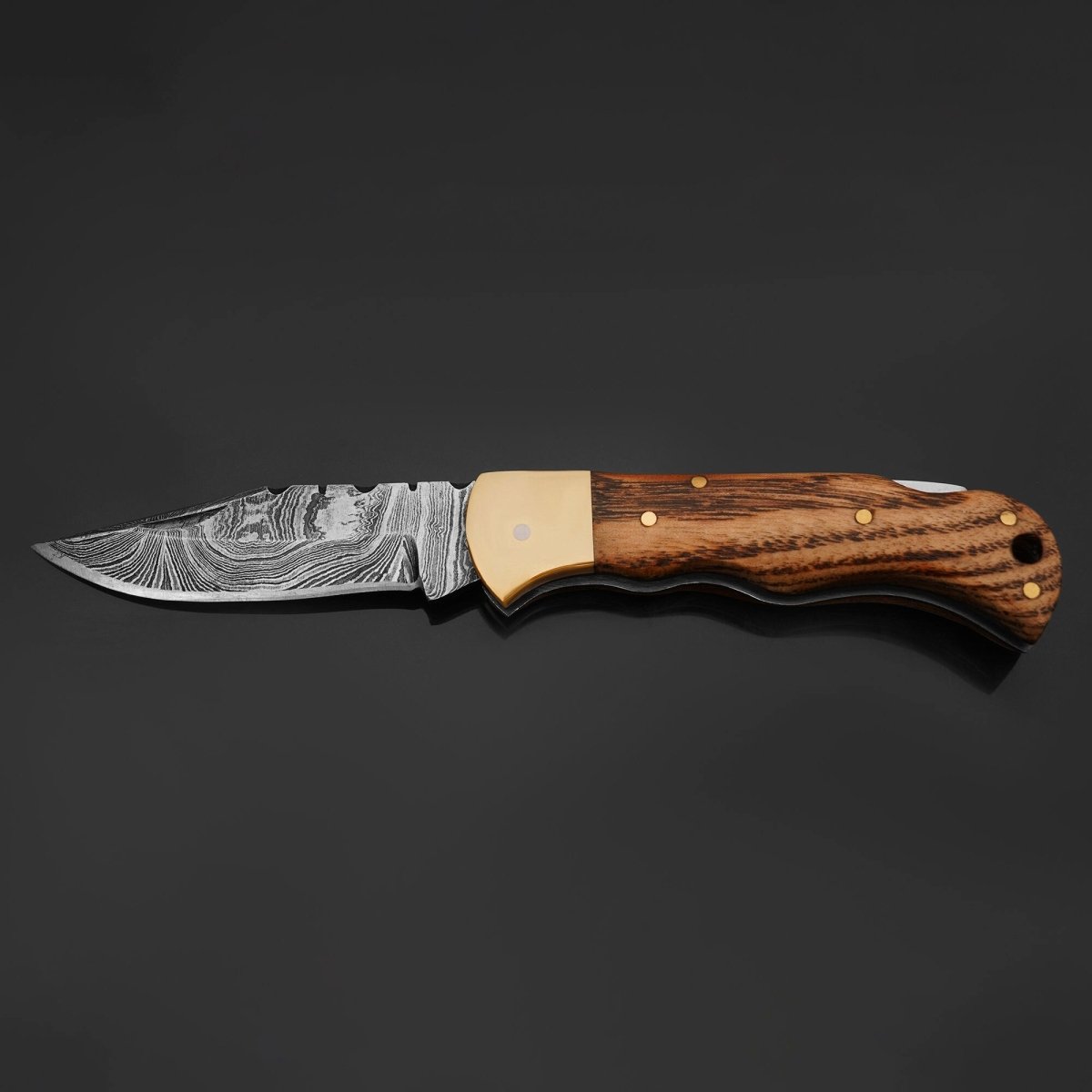 Vanguard Damascus Folding Knife with Charred Oak Handle