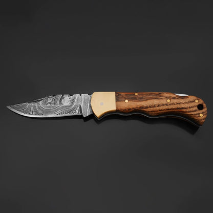 Vanguard Damascus Folding Knife with Charred Oak Handle