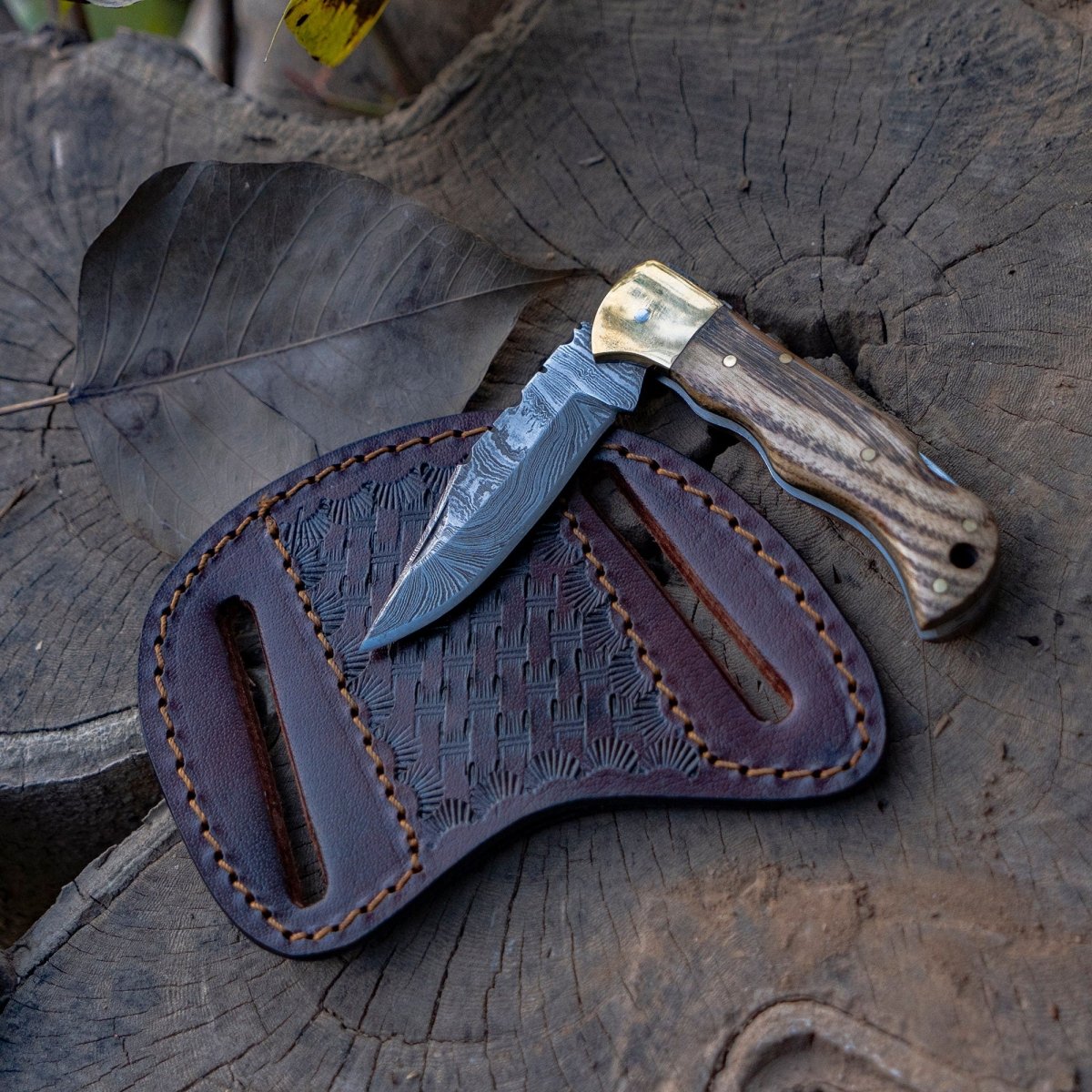 Vanguard Damascus Folding Knife with Charred Oak Handle