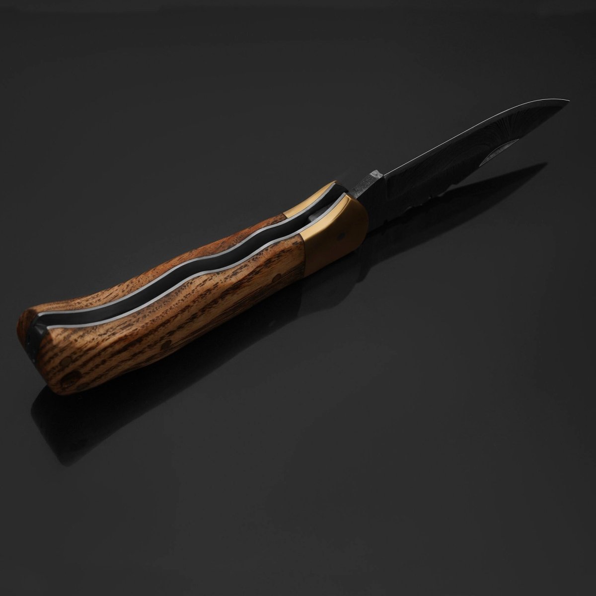 Vanguard Damascus Folding Knife with Charred Oak Handle