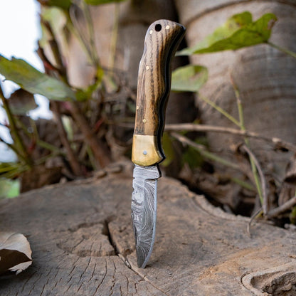 Vanguard Damascus Folding Knife with Charred Oak Handle