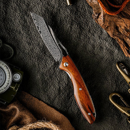 Vengeance Damascus Pocket Knife with Exotic Red Sandalwood Handle