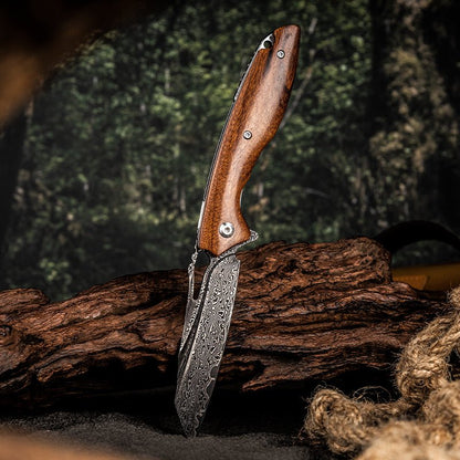 Vengeance Damascus Pocket Knife with Exotic Red Sandalwood Handle