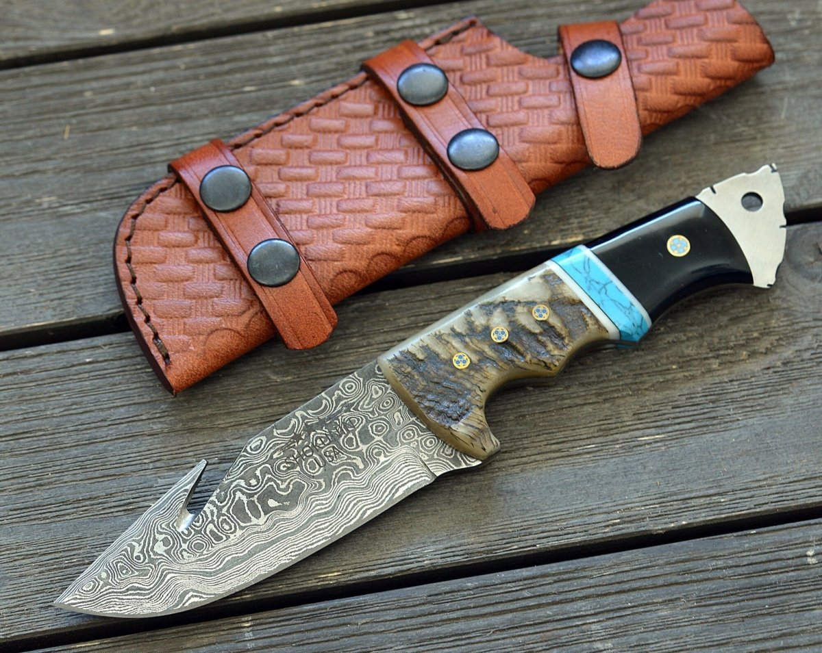 Vertex Damascus Gut Hook Knife with Ram Horn & Turquoise Handle
