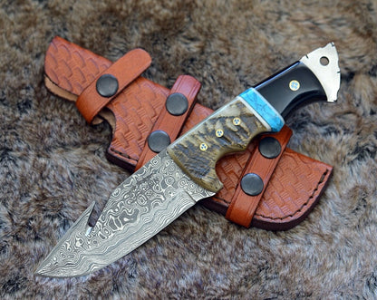 Vertex Damascus Gut Hook Knife with Ram Horn & Turquoise Handle