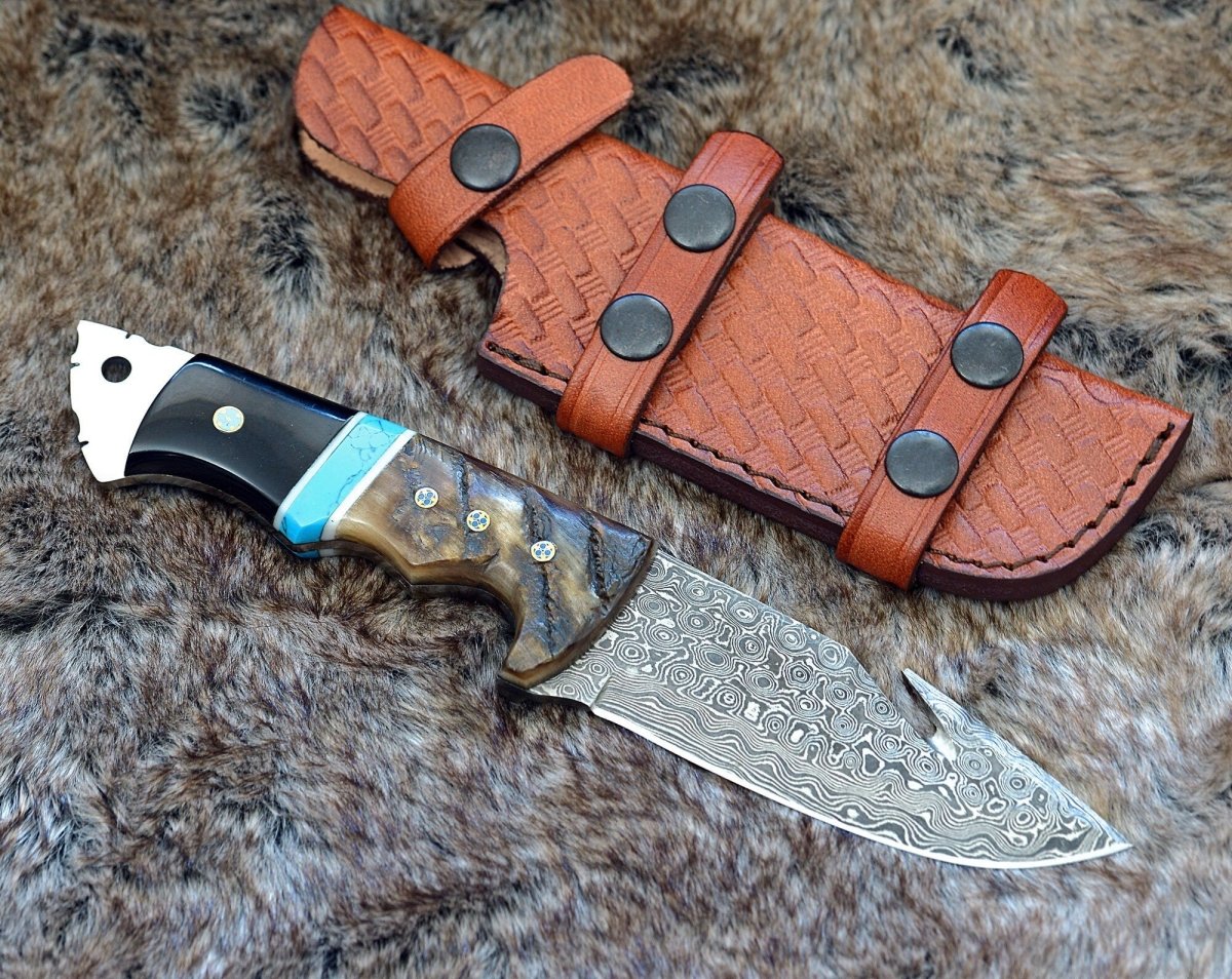 Vertex Damascus Gut Hook Knife with Ram Horn & Turquoise Handle