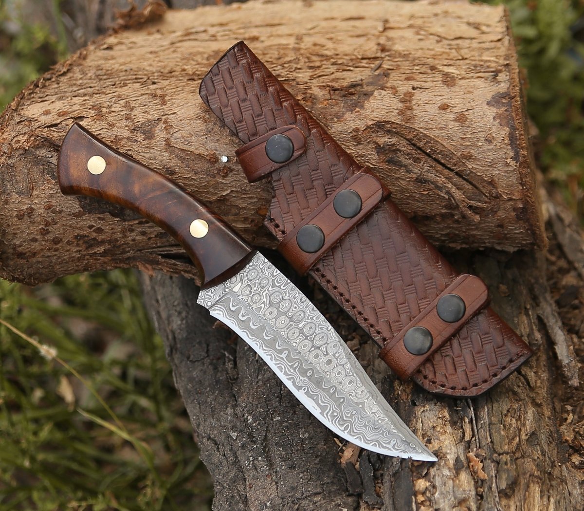 Virtue Damascus Hunting Knife Fixed Blade with Exotic Rose Wood Handle