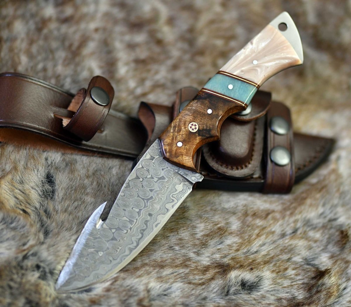 Voyager Damascus Gut Hook Knife with Exotic Rose Wood and Mother of Pearl Handle